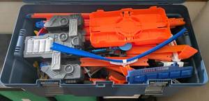 lot 205 image: Large Rubbermaid Box of Assorted Race Track Parts