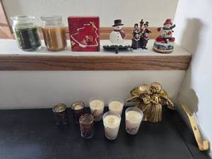 lot 217 image: Collection of Holiday Decor with Snowman and CandlesHolders