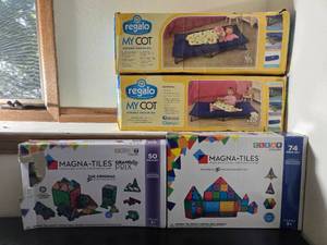 lot 221 image: Two Regalo Portable Toddler Beds and Two Magna-Tiles Building Sets