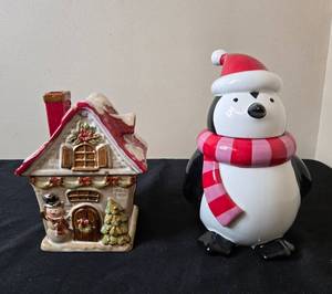 lot 225 image: Set of 2 Holiday Themed Ceramic Cookie Jars - House and Penguin