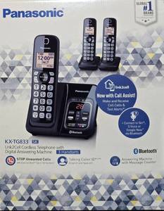 lot 288 image: Panasonic Link2Cell Cordless Phone System with 3 Handsets and Answering Machine - in orig box