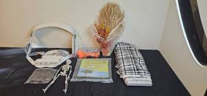lot 112 image: Mixed Lot Skeleton Model, Safety Harness, Decorative Wheat Bunch, and Fabric