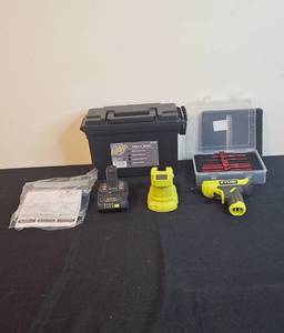lot 137 image: Ryobi Cordless Hot Glue Gun with Field Box and Drill Bit Set
