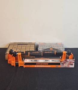 lot 142 image: Jorgensen 3-Piece Clamp Set and WEN Rotary Tool Accessory Kit