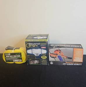 lot 273 image: Set of 3 Workshop Accessories Flood Light, Safety Kit, and Tow Strap