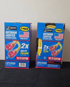 lot 5 image: Two NIB 2-Pack Anderson Industries Outdoor Lighted Extension Cords 50 ft Yellow