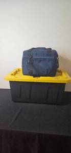 lot 30 image: Plastic Storage Tote with Yellow Lid and Navy Blue Carry Bag