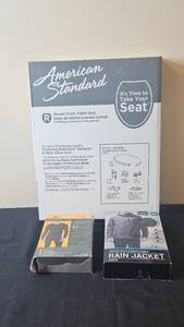 lot 404 image: American Standard Round Front Toilet Seat, Mens XL Activewear and Rain Jacket In Orig Pkg