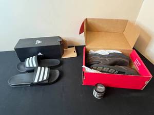 lot 233 image: Adidas Slide Sandals and Skechers Shoes with Leather Conditioning Cream