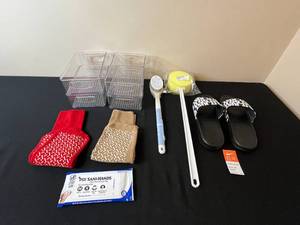 lot 332 image: Assorted Household Items with Nike Slides, Scrub Sponge, Storage Bins, and More