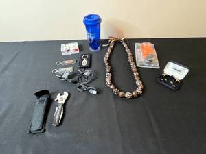 lot 343 image: Mixed Lot Formalwear Cuff Link Set, Camera Strap, Necklace, Mugs, and More