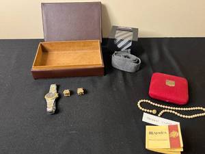 lot 400 image: Assorted Accessories Pulsar Quartz Watch, Silk Tie, Belt, Cufflinks, and Pearl Necklace (Broken Clasp)