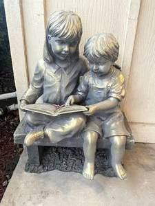 lot 403 image: Bronze-Look Outdoor Garden Statue of Children Reading