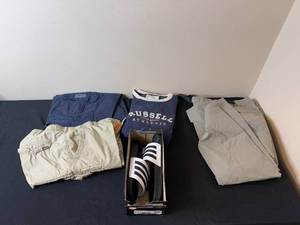 lot 352 image: Mens Clothing Set with Adidas Slides, Russell Athletic Sweatshirt, and Cargo Shorts