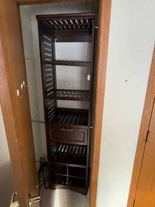 lot 158 image: Dark Wood Slatted Storage Shelving Unit with Drawers