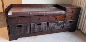 lot 166 image: Solid Wood Entryway Storage Bench with Cushion and Baskets