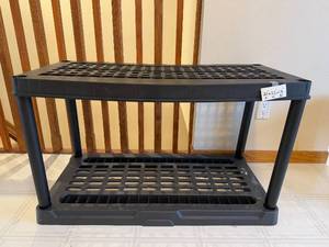 lot 174 image: Sturdy Black Two-Tier Plastic Storage Shelf 21 x 35 x 17