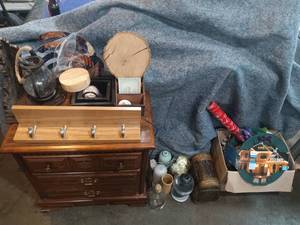 lot 37 image: Nightstand, misc. home dcor, misc. Christmas items