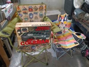 lot 28 image: Coleman Compact Gas Stove and Folding Chairs