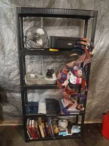 lot 5 image: Black plastic shelf with office, books, electronics