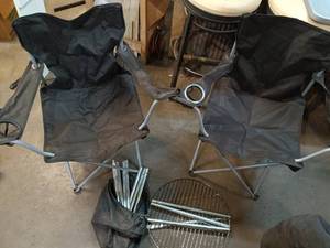 lot 82 image: Folding Camping chairs and Hanging Campfire cooking Grate