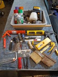 lot 101 image: Assortment of painting supplies and drywall tools