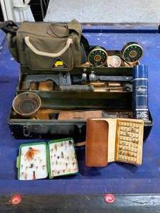 lot 116 image: vintage leather fly fishing wallet, lures and more