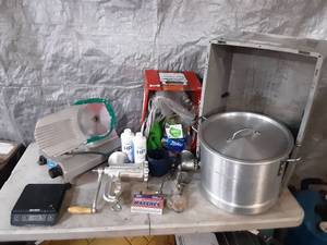 lot 14 image: Meat Grinders, Meat Slicer parts, Stock Pot and other items