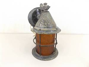 WORKING Antique Copper Amber Glass Hand Hammered Witches Hat Porch Light