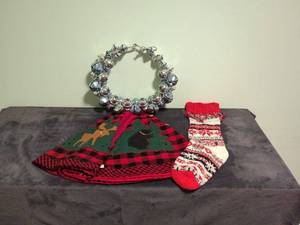 Christmas Decor Bundle Knit Stocking, Plaid Tree Skirt, and Silver Jingle Bell Wreath