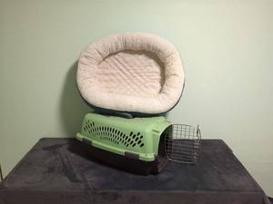 Green Pet Carrier and White Plush Pet Bed Set