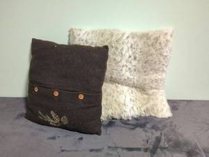 Pair of Decorative Throw Pillows with Embroidery and Faux Fur Design