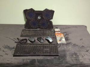 Lot of Logitech Wireless Keyboards and Mice with Cooling Pad and Bluetooth Adapter