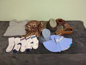 Collection of Hats, Belts, and Socks Including Columbia and Original Panama Jack