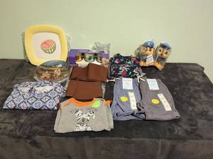 Assorted Clothing, Fabric, Plates, and D�cor Items