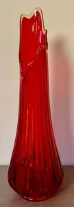 lot 28 image: L.E. Smith Red Simplicity Ribbed Column Swung Vase 20 Tall