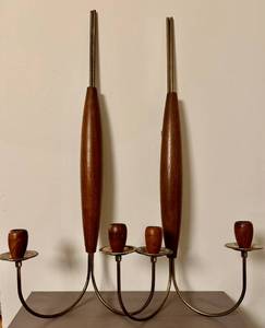 lot 30 image: MCM Walnut Wall Sconces Pair Candle Holders