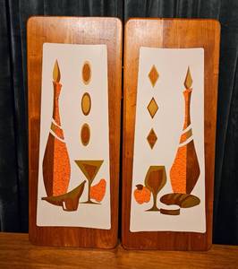 lot 35 image: Mid Century Modern Walnut Wood Melted Plastic Popcorn Wall Decor Pair