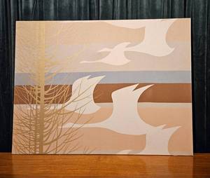 lot 36 image: Birds In Flight Fabric Art Screen Print Vintage