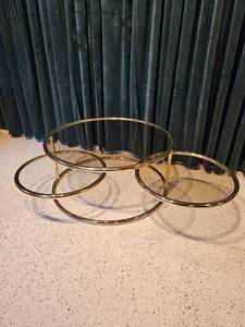 lot 37 image: Brass & Glass Baughman Style 3 Tier Swivel Coffee Table