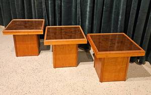 lot 40 image: Brown Saltman Table Set of 3 Glass Tops