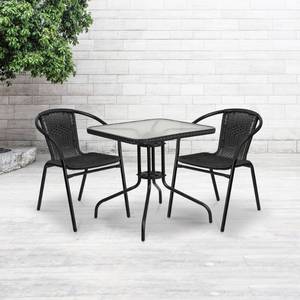 lot 27 image: 28 in. Square Tempered Glass Metal Patio Table with Rattan Edging, Black