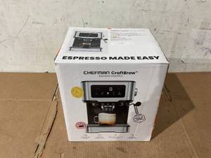 lot 232 image: Chefman CraftBrew 15-Bar Espresso Machine w Steam Wand and Touch Controls  Stainless Steel