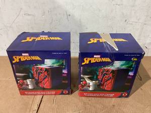 lot 247 image: LOT OF 2 Marvel Spiderman Blue Red 6 Can Mini Fridge Thermoelectric Cooler 4 Litre