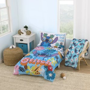 lot 244 image: Twin Size 5PCS Disney Stitch Toddler Bed Set - Comforter, Fitted Sheet, Top Sheet, Pillowcase and Blanket, Aqua, Toddler Boy or Girl