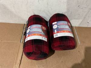 lot 292 image: LOT OF 2 Sunbeam Red Plaid Oversized Throw Red Plaid Microplush, 4 Heat Settings, 4-Hour Auto Shut-Off, Electric Heated Blanket, 60 x 80