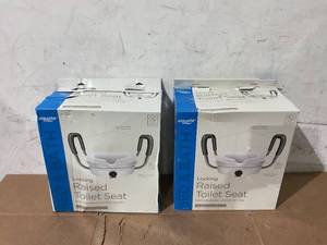 lot 347 image: LOT OF 2 Equate Raised Toilet Seat with Handles, 5 Seat Riser with Arms, Fits Most Toilets, 350 lb Capacity