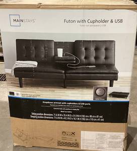 lot 545 image: Mainstays Memory Foam Futon with Cupholder and USB, Black Faux Leather
