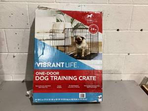 lot 592 image: Vibrant Life, Single-Door Folding Dog Crate with Divider, 24