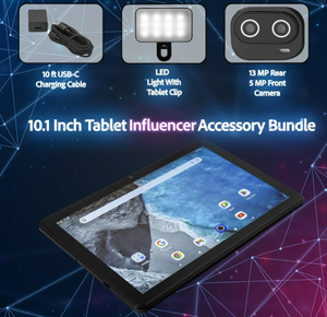 lot 533 image: Memorex Bonus 4-in-1 Influencer Bundle - 10.1 HD IPS Android 14 8-Core Tablet, 128GB Storage, 4GB RAM with Bonus LED Light & Clip, Braided 10ft USB-C cable & Dual Hi-Resolution Cameras